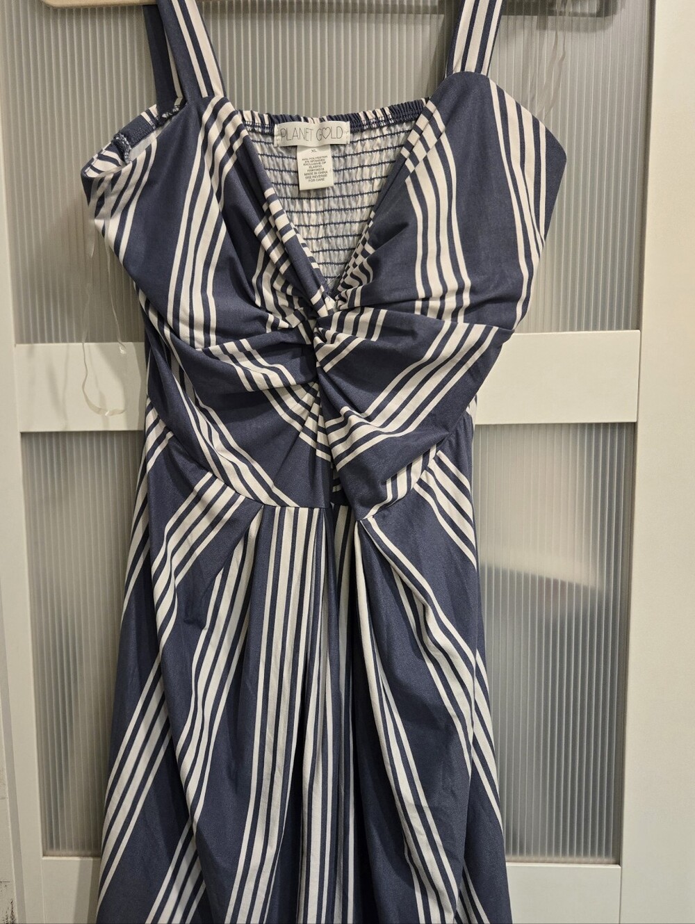Planet Gold Navy and White Striped Twist-Front Strapless Dress